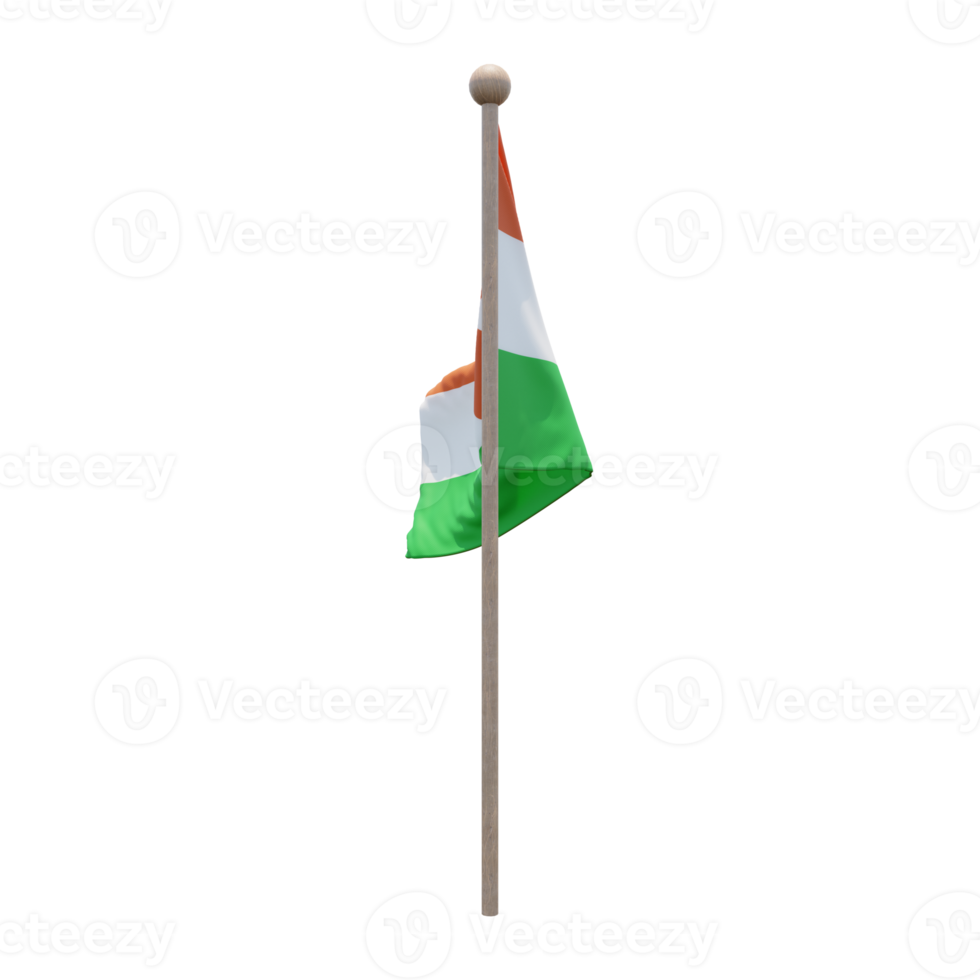 Niger 3D-Darstellung Flagge auf der Stange. Fahnenmast aus Holz png