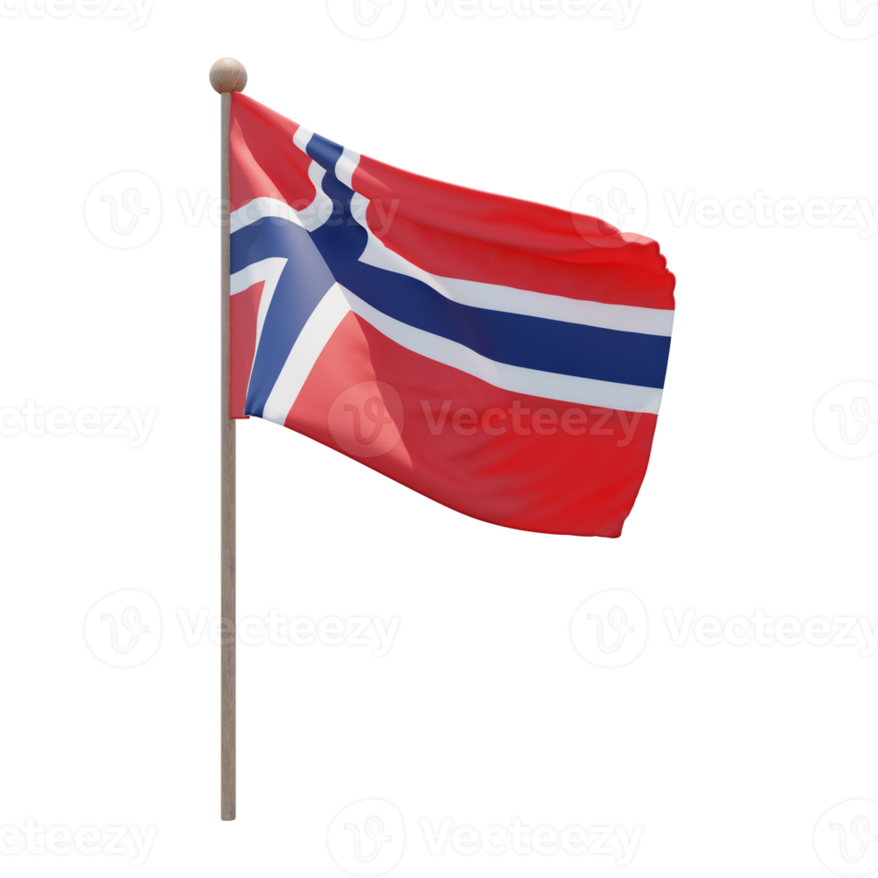 Norway 3d illustration flag on pole. Wood flagpole png