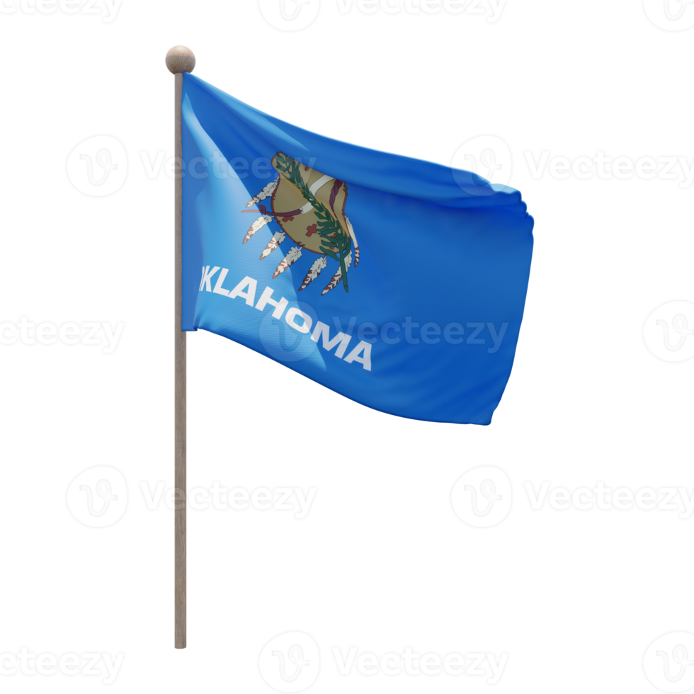 Oklahoma 3d illustration flag on pole. Wood flagpole png