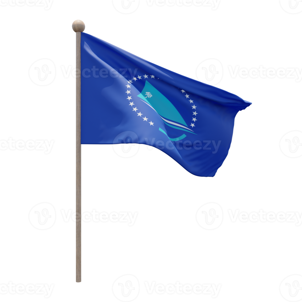 Pacific Community 3d illustration flag on pole. Wood flagpole png