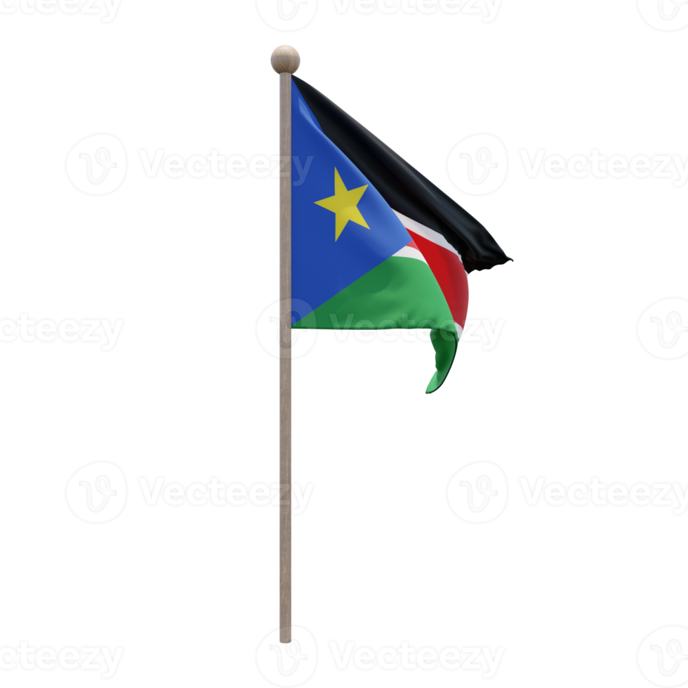 South Sudan 3d illustration flag on pole. Wood flagpole png
