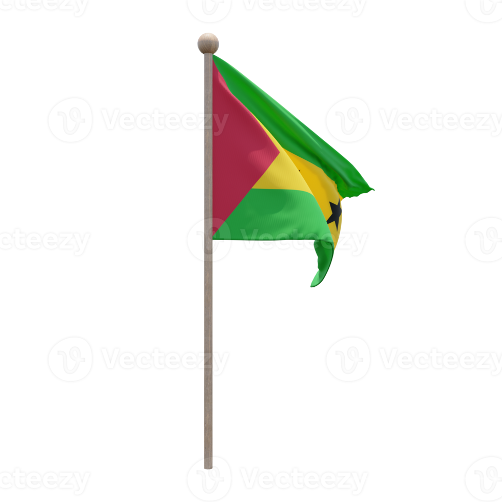 Sao Tome and Principe 3d illustration flag on pole. Wood flagpole png