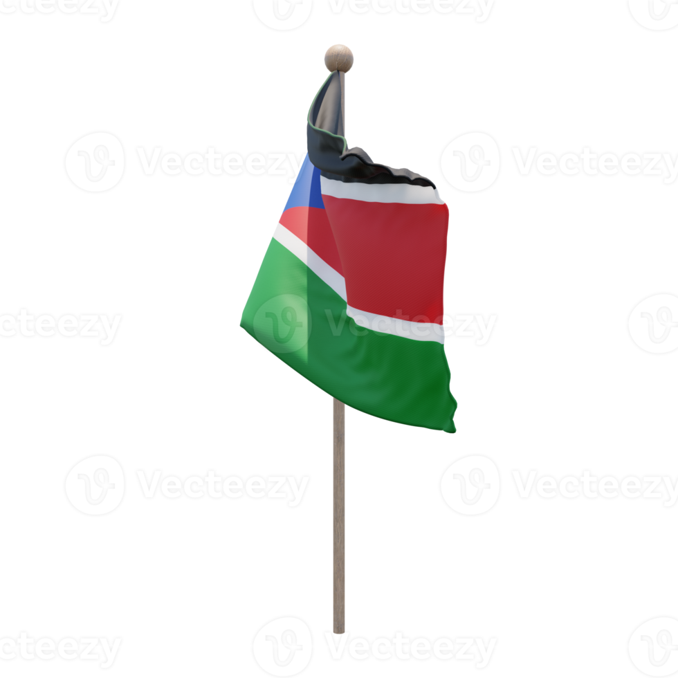 South Sudan 3d illustration flag on pole. Wood flagpole png