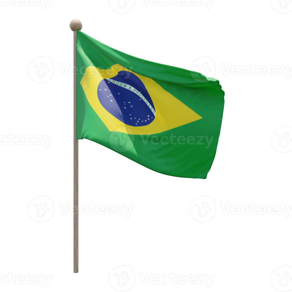 Brazil 3d illustration flag on pole. Wood flagpole png