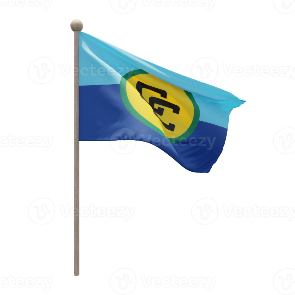 Caribbean Community 3d illustration flag on pole. Wood flagpole png