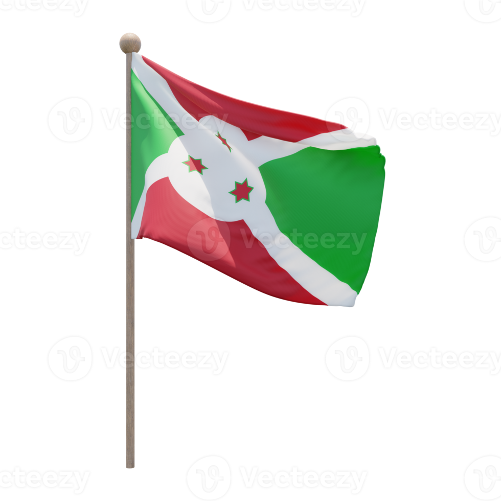 Burundi 3d illustration flag on pole. Wood flagpole png