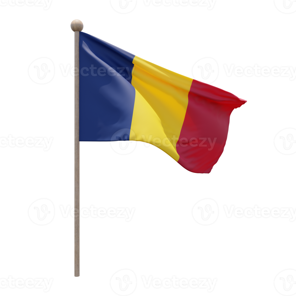 Chad 3d illustration flag on pole. Wood flagpole png