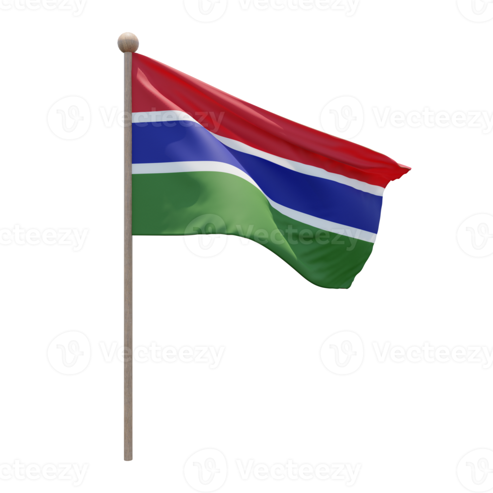 Gambia 3d illustration flag on pole. Wood flagpole png