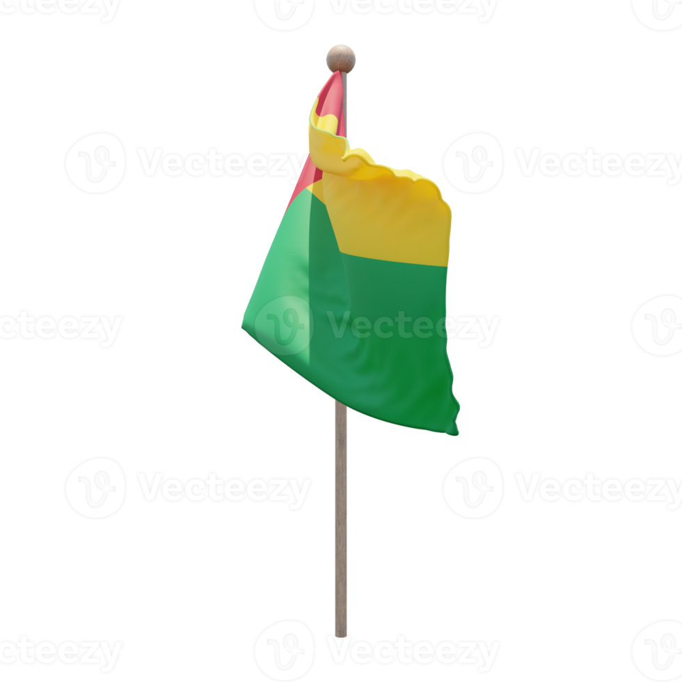 Guinea Bissau 3d illustration flag on pole. Wood flagpole png