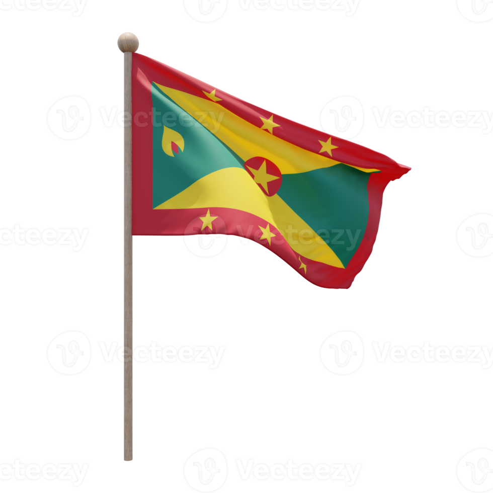 Grenada 3d illustration flag on pole. Wood flagpole png