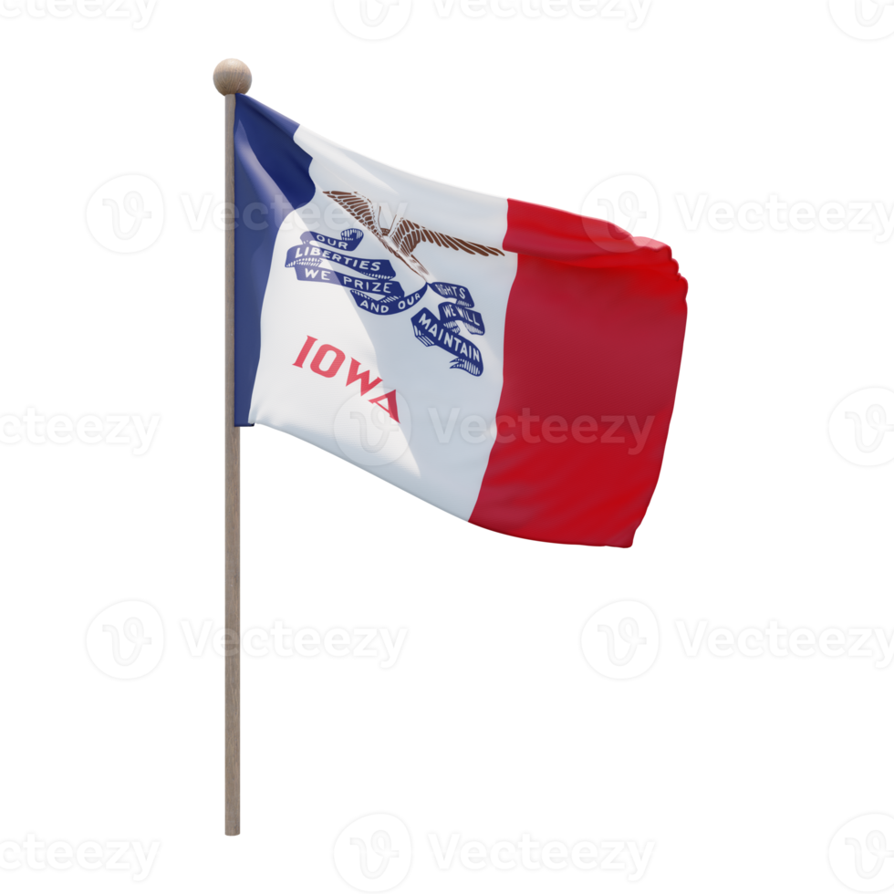 Iowa 3d illustration flag on pole. Wood flagpole png