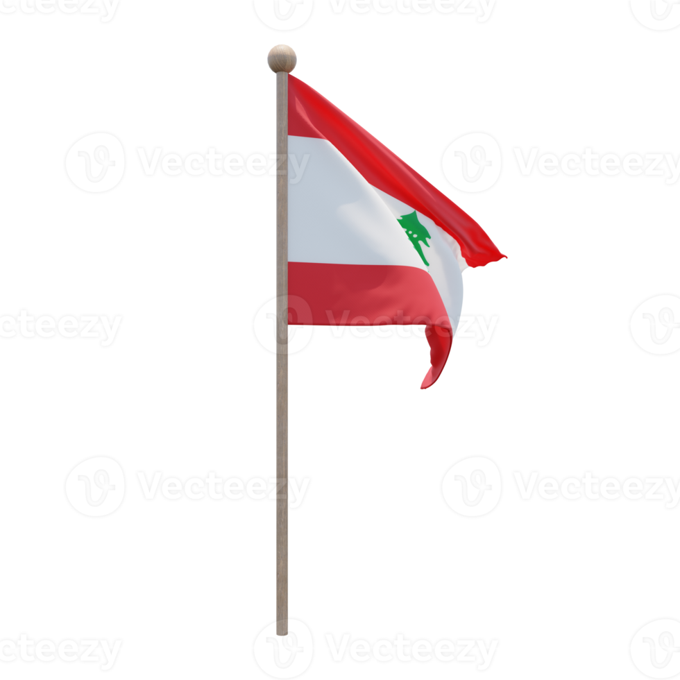 Lebanon 3d illustration flag on pole. Wood flagpole png