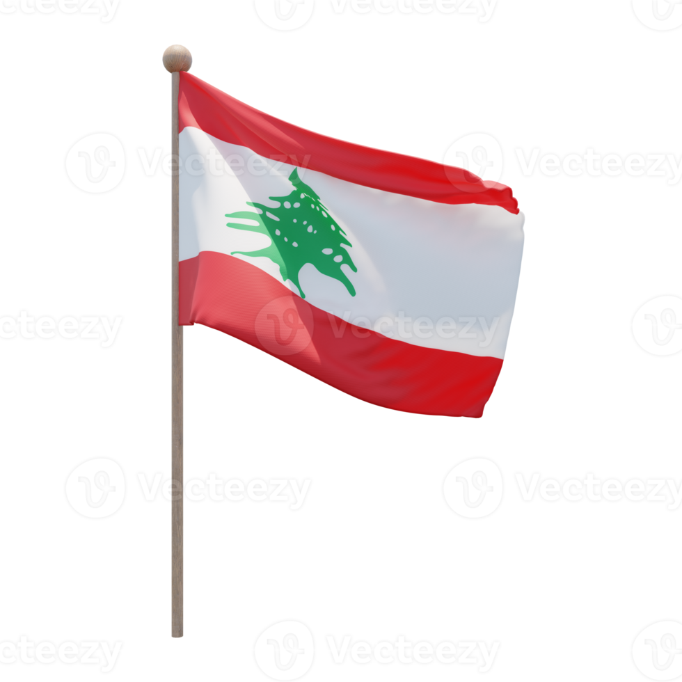 Lebanon 3d illustration flag on pole. Wood flagpole png