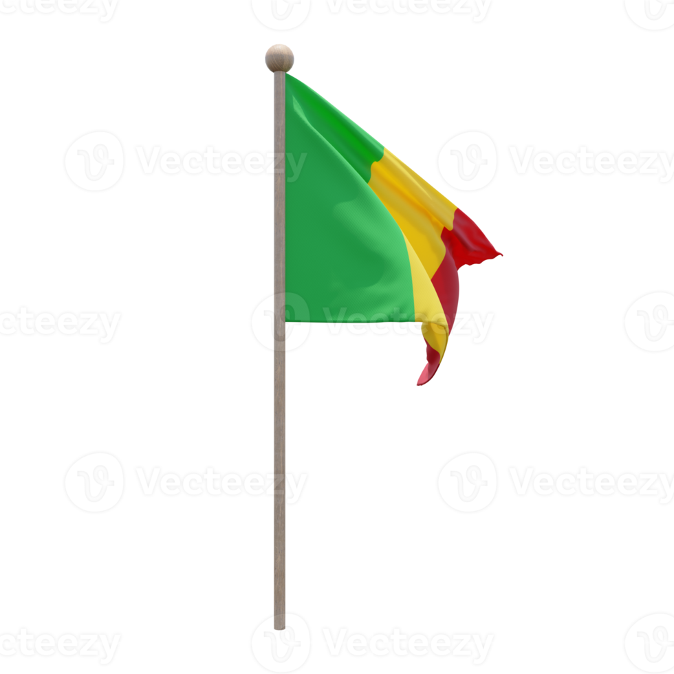 Mali 3d illustration flag on pole. Wood flagpole png