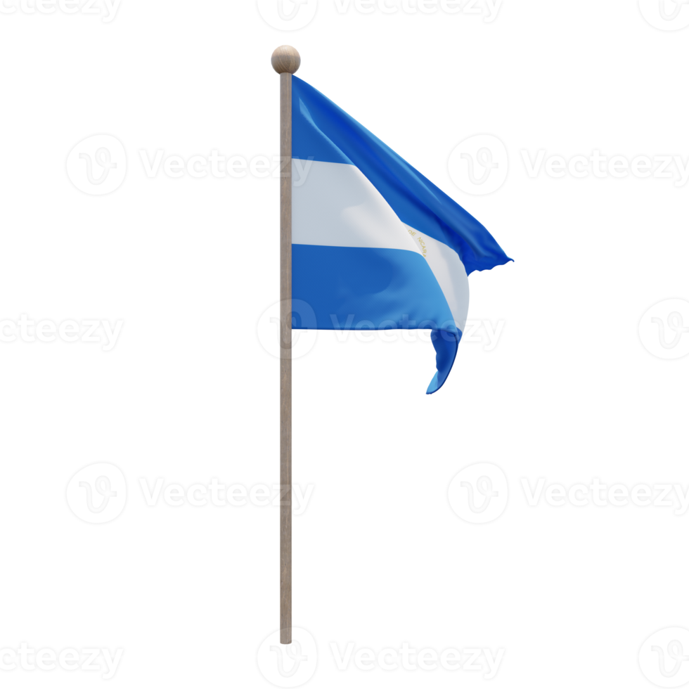 Nicaragua 3d illustration flag on pole. Wood flagpole png