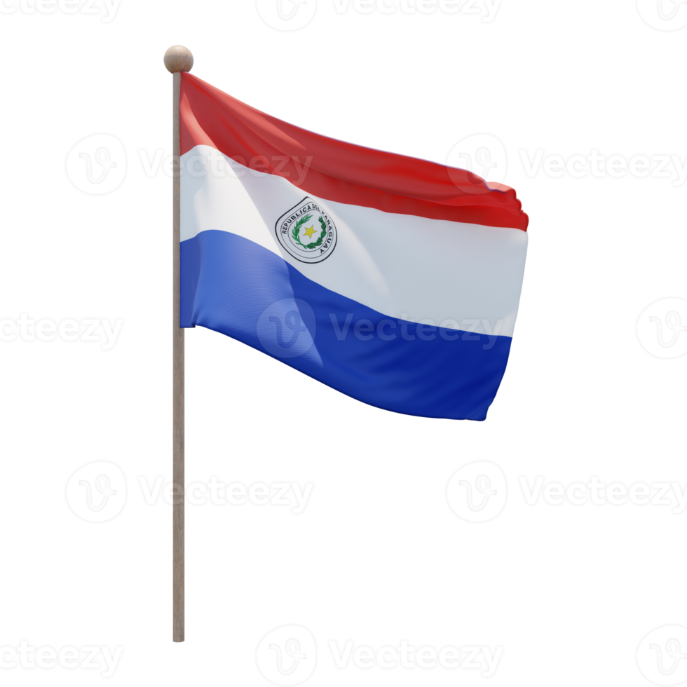 Paraguay 3d illustration flag on pole. Wood flagpole png