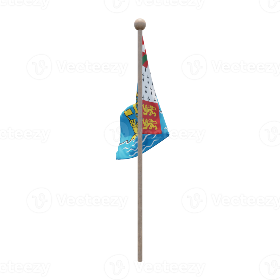 Saint Pierre and Miquelon 3d illustration flag on pole. Wood flagpole png