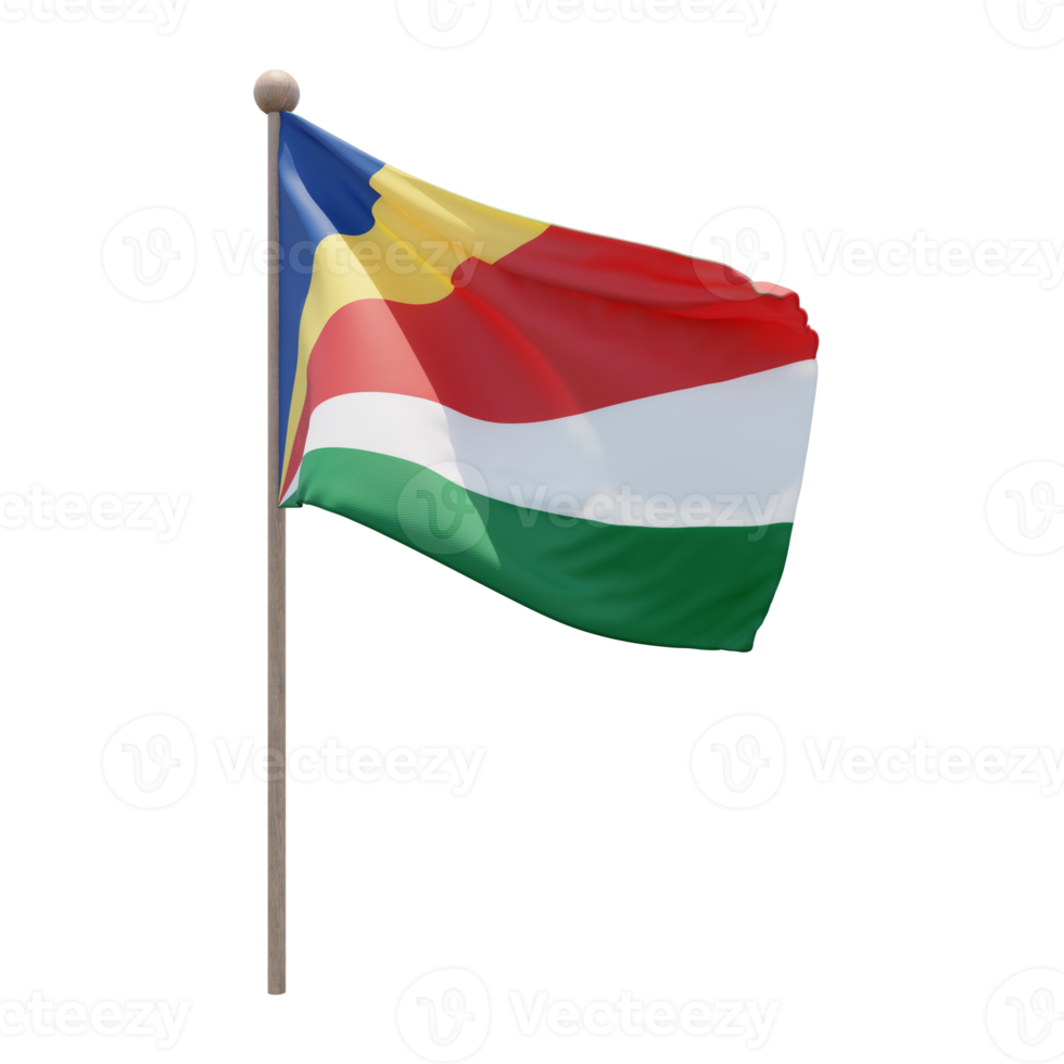 Seychelles 3d illustration flag on pole. Wood flagpole png