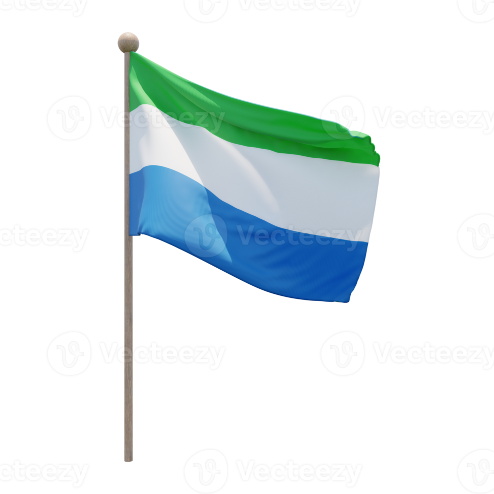 Sierra Leone 3d illustration flag on pole. Wood flagpole png