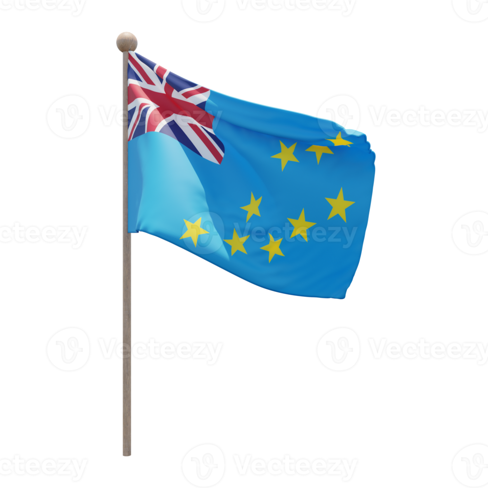 Tuvalu 3d illustration flag on pole. Wood flagpole png