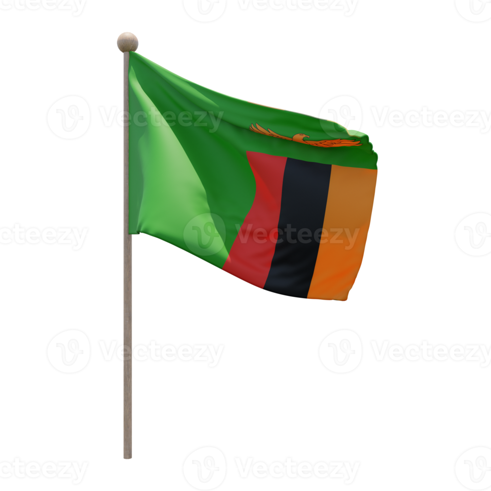 Zambia 3d illustration flag on pole. Wood flagpole png