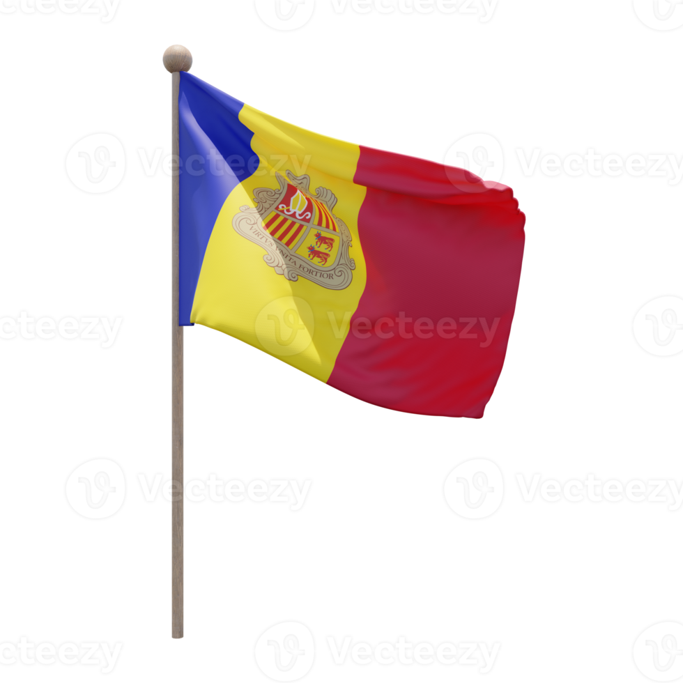 Andorra 3d illustration flag on pole. Wood flagpole png