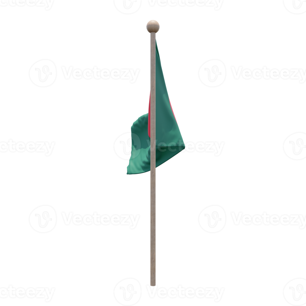 Bangladesh 3d illustration flag on pole. Wood flagpole png