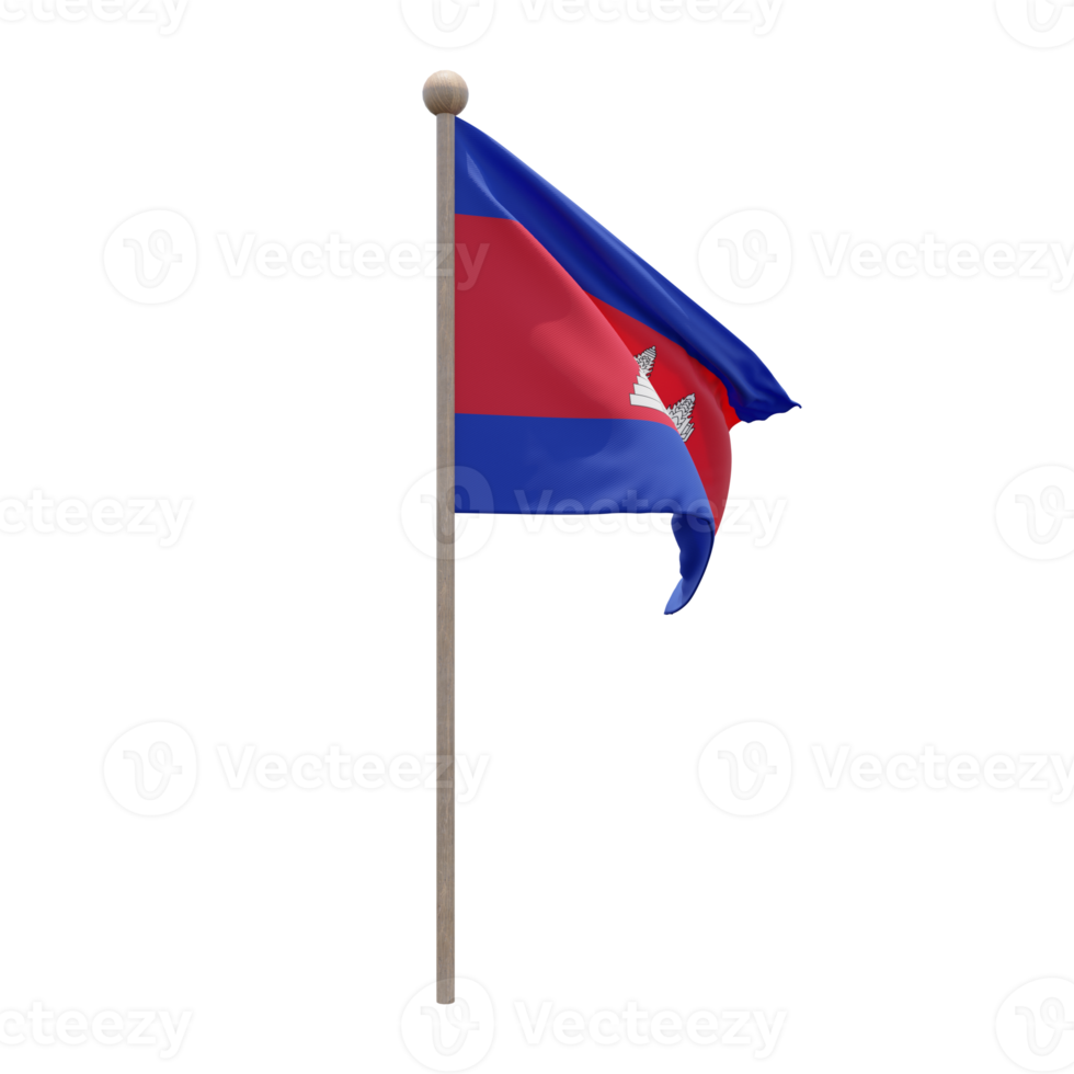 Cambodia 3d illustration flag on pole. Wood flagpole png