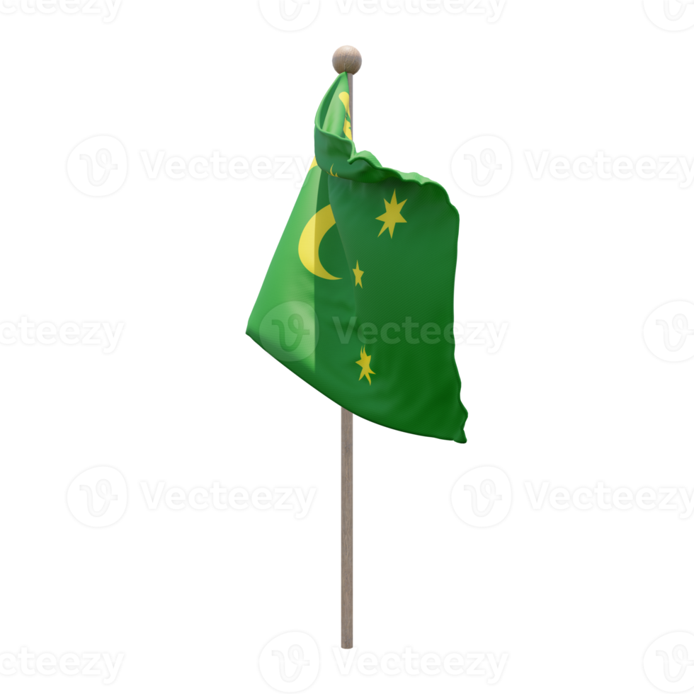 Cocos Keeling Islands 3d illustration flag on pole. Wood flagpole png