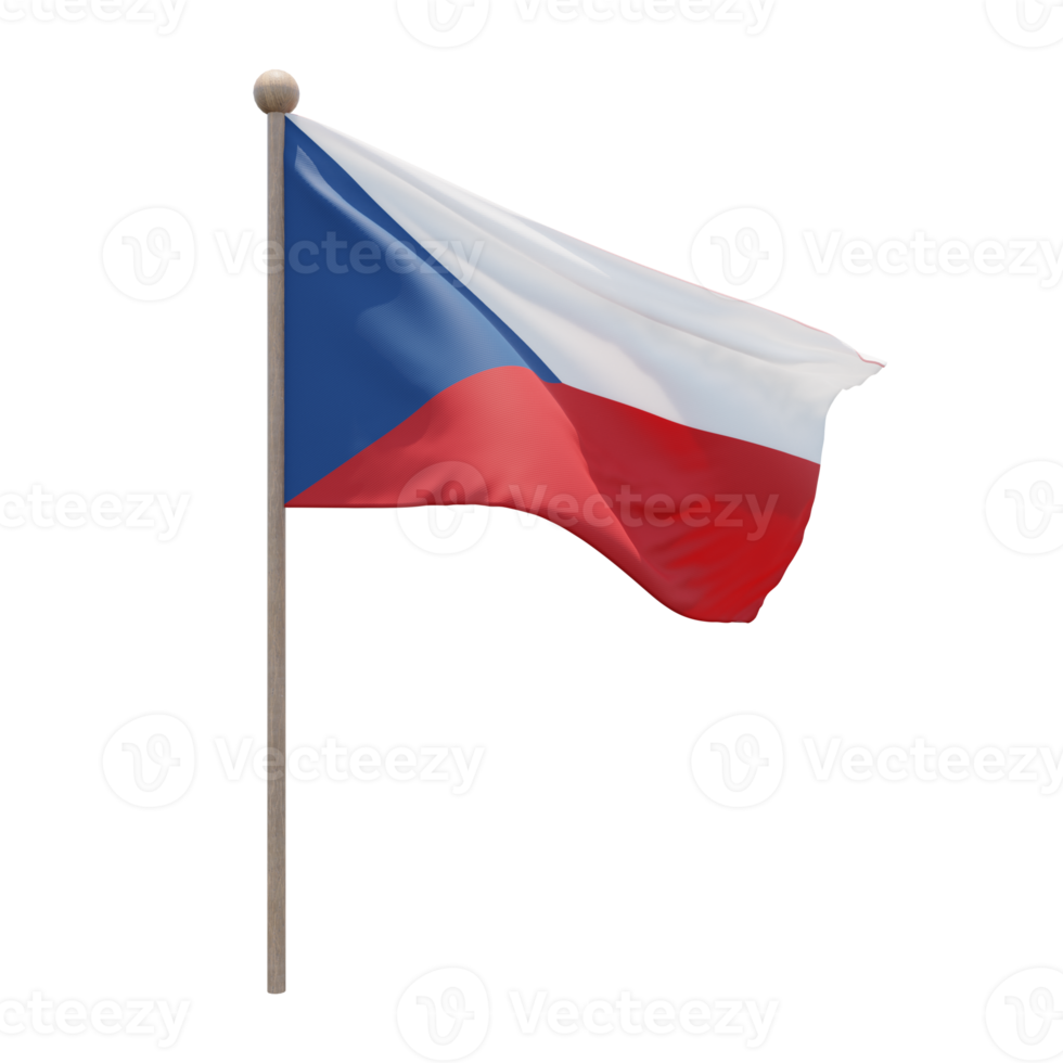 Czech Republic 3d illustration flag on pole. Wood flagpole png