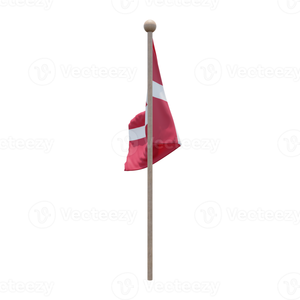 Denmark 3d illustration flag on pole. Wood flagpole png