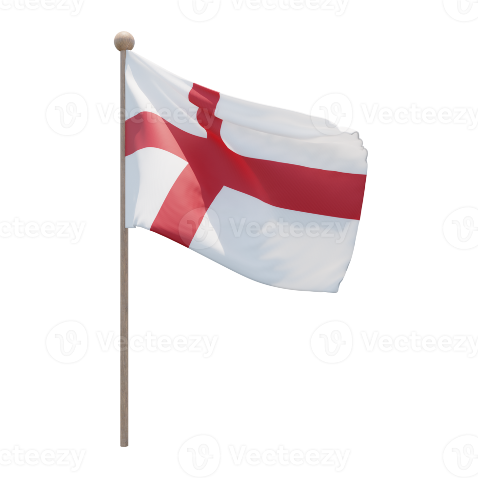 England 3D-Darstellung Flagge auf der Stange. Fahnenmast aus Holz png