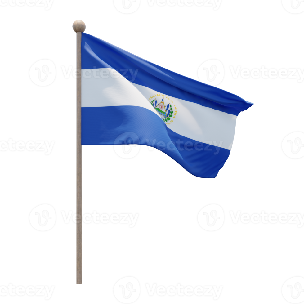 El Salvador 3d illustration flag on pole. Wood flagpole png