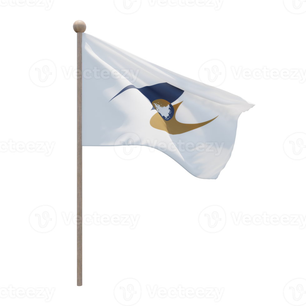 Eurasian Economic Union 3d illustration flag on pole. Wood flagpole png