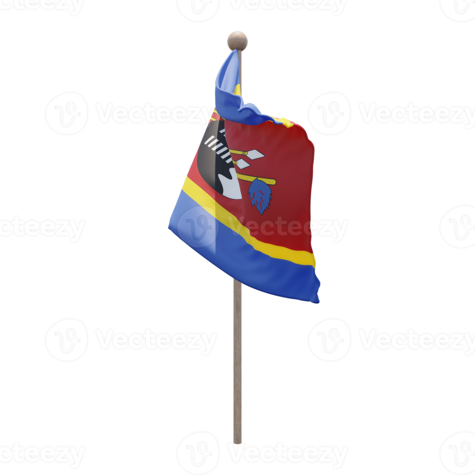 Eswatini 3d illustration flag on pole. Wood flagpole png