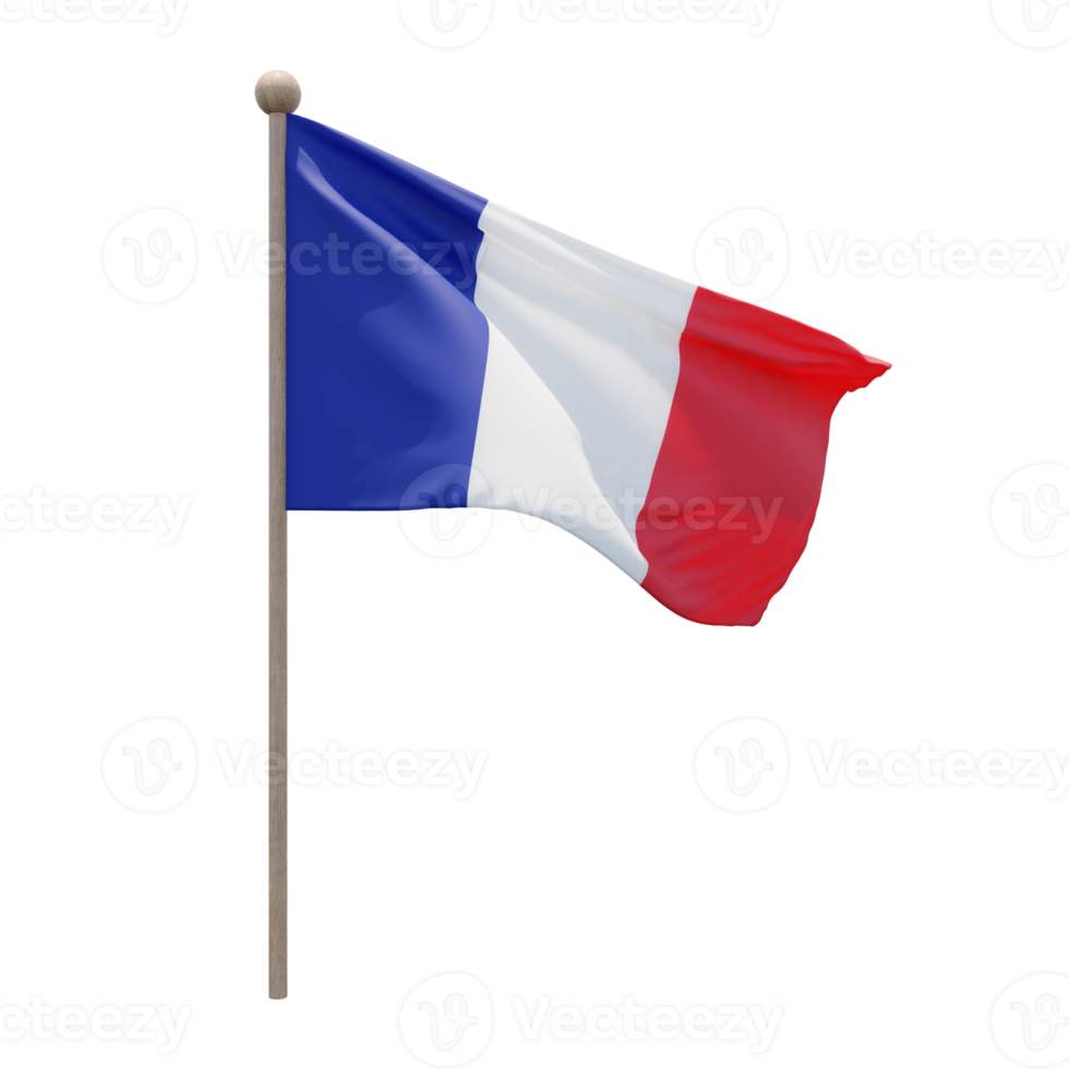 bandera de ilustración 3d de francia en el poste. asta de bandera de madera png
