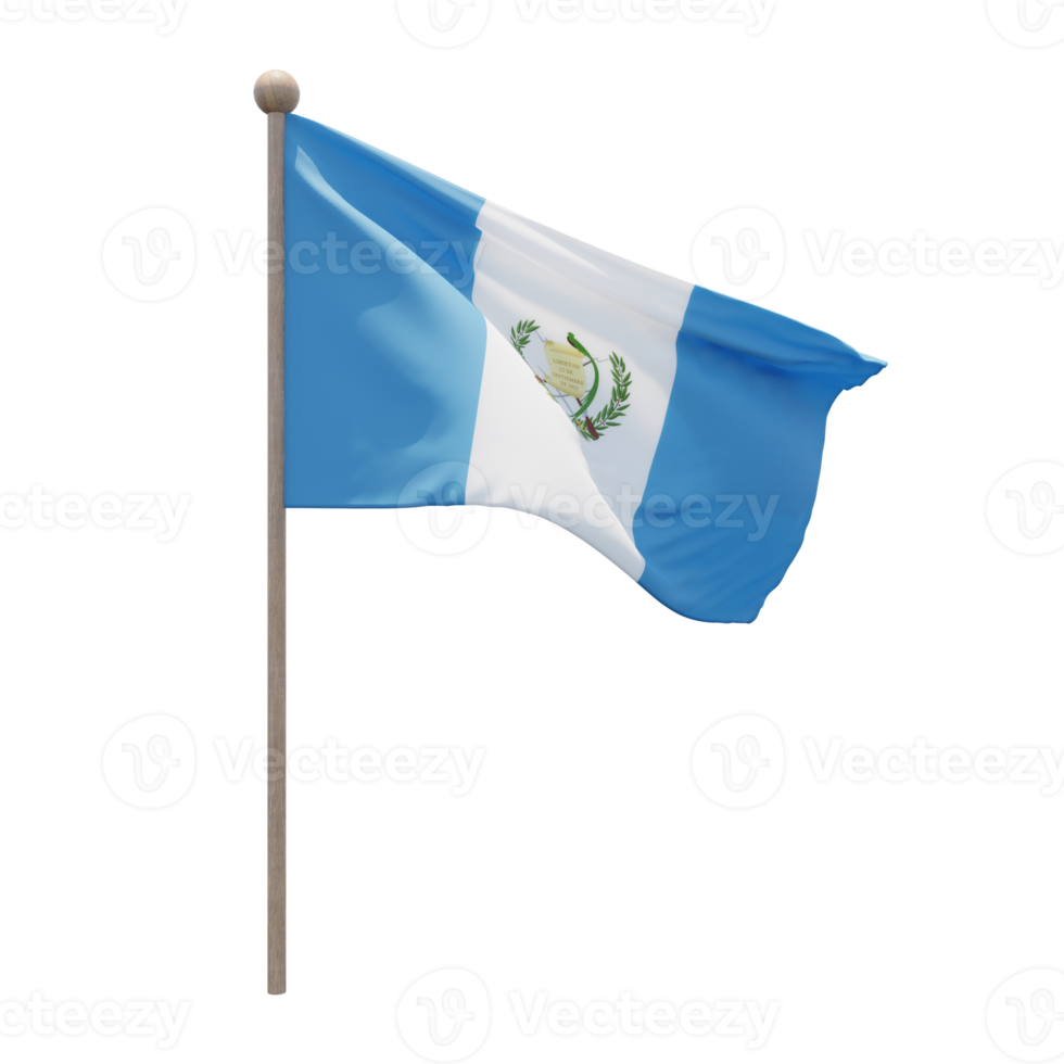 Guatemala 3d illustration flag on pole. Wood flagpole png