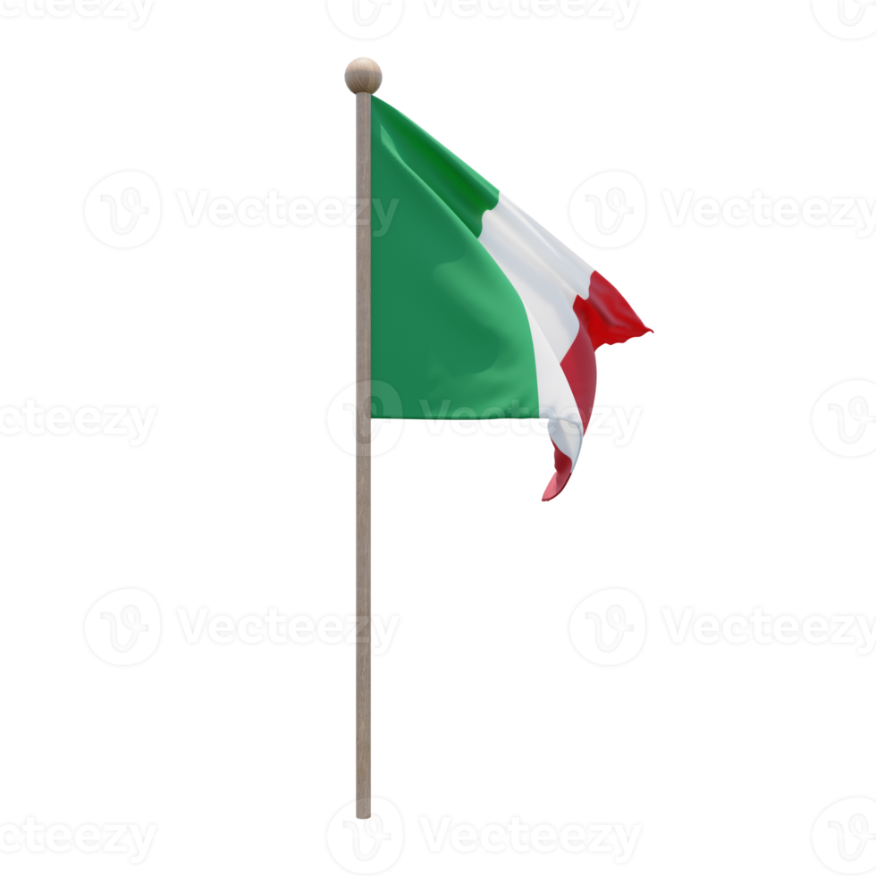 Italy 3d illustration flag on pole. Wood flagpole png