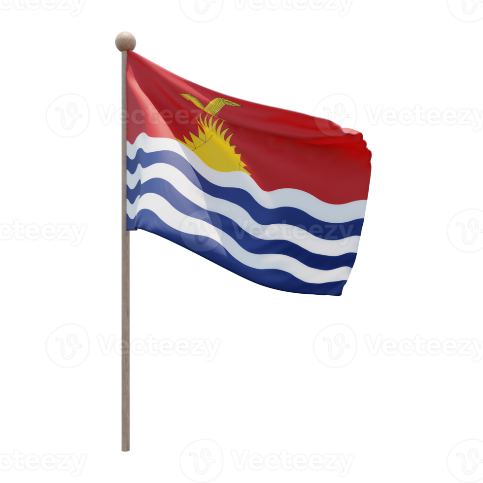 Kiribati 3d illustration flag on pole. Wood flagpole png