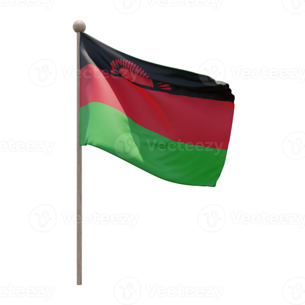Malawi 3d illustration flag on pole. Wood flagpole png