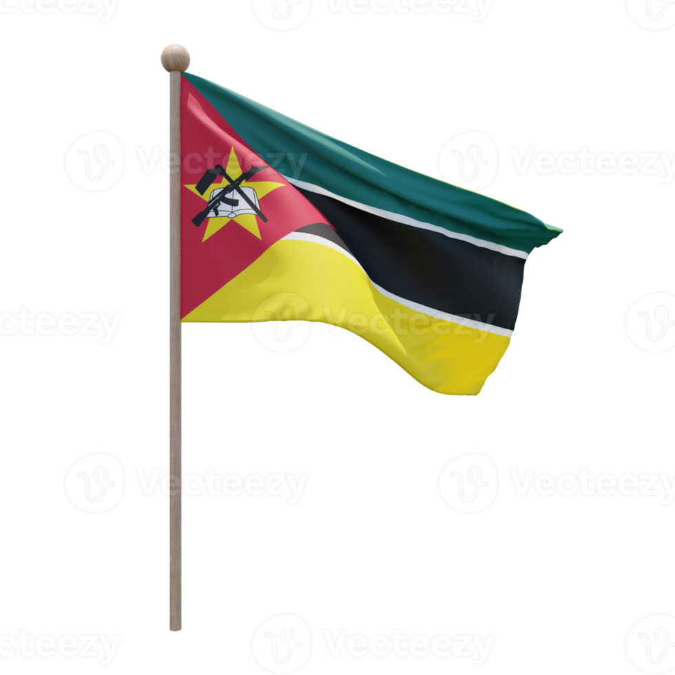 Mozambique 3d illustration flag on pole. Wood flagpole png