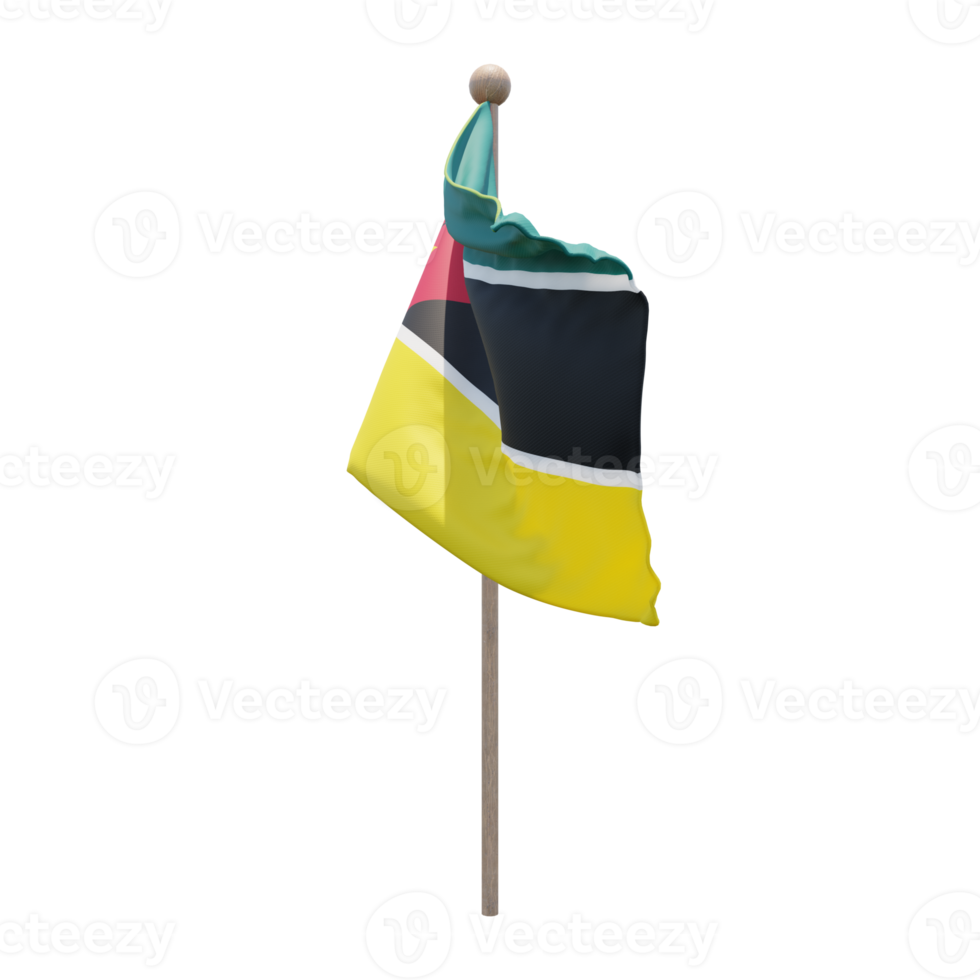 Mozambique 3d illustration flag on pole. Wood flagpole png