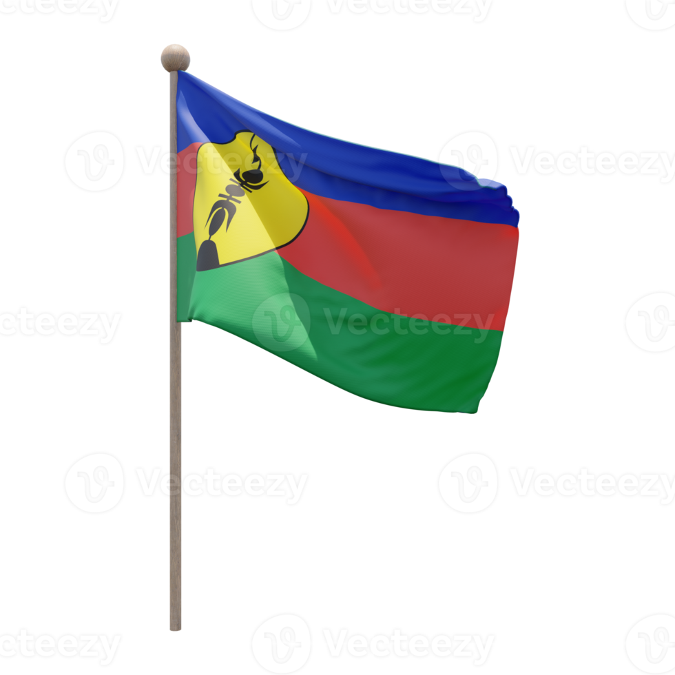 New Caledonia 3d illustration flag on pole. Wood flagpole png