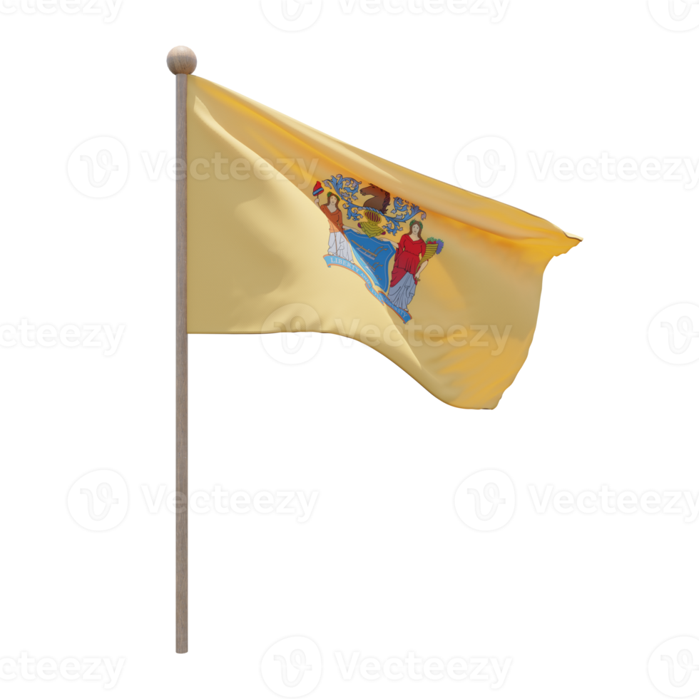 New Jersey 3d illustration flag on pole. Wood flagpole png