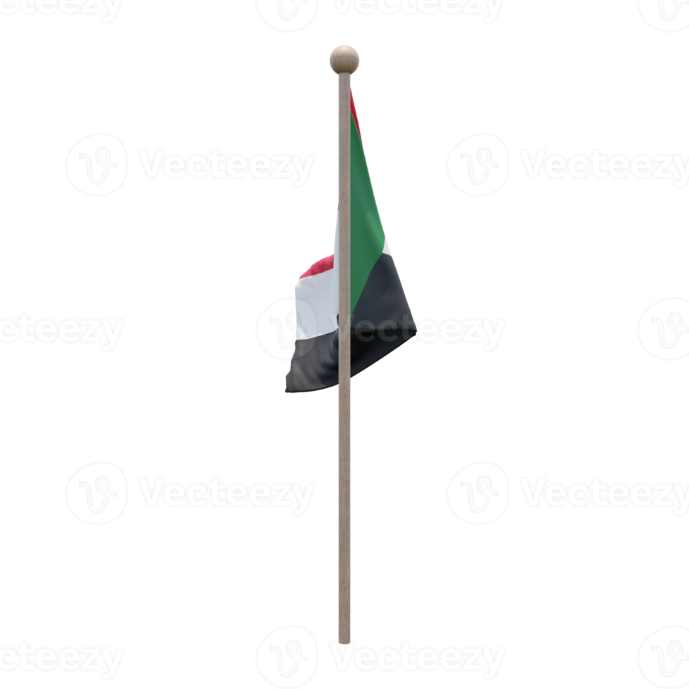 Sudan 3d illustration flag on pole. Wood flagpole png