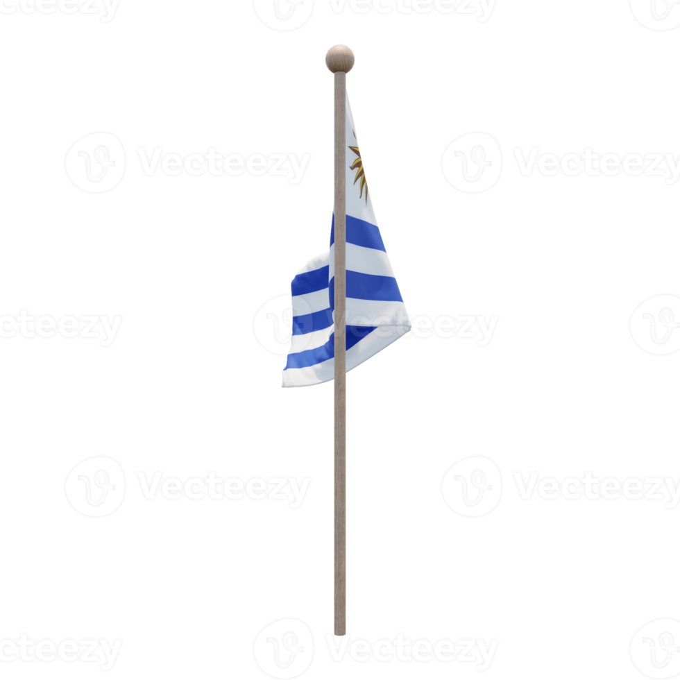 Uruguay 3d illustration flag on pole. Wood flagpole png