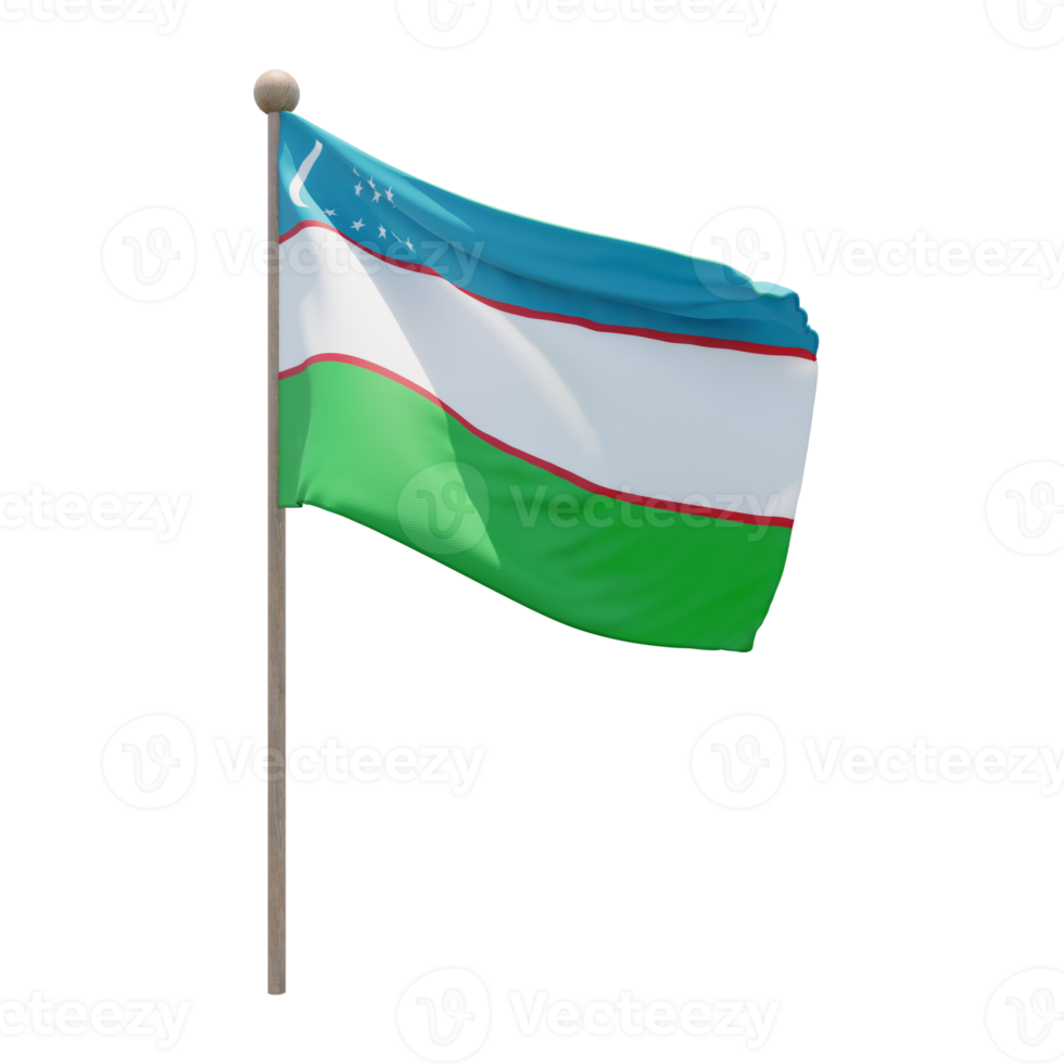 uzbekistan 3d illustration flagga på Pol. trä flaggstång png