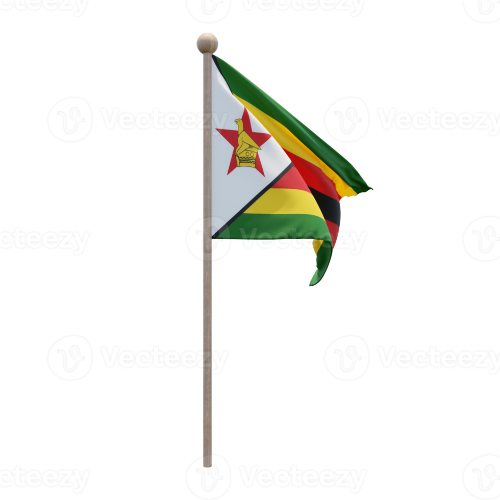 Zimbabwe 3d illustration flag on pole. Wood flagpole png