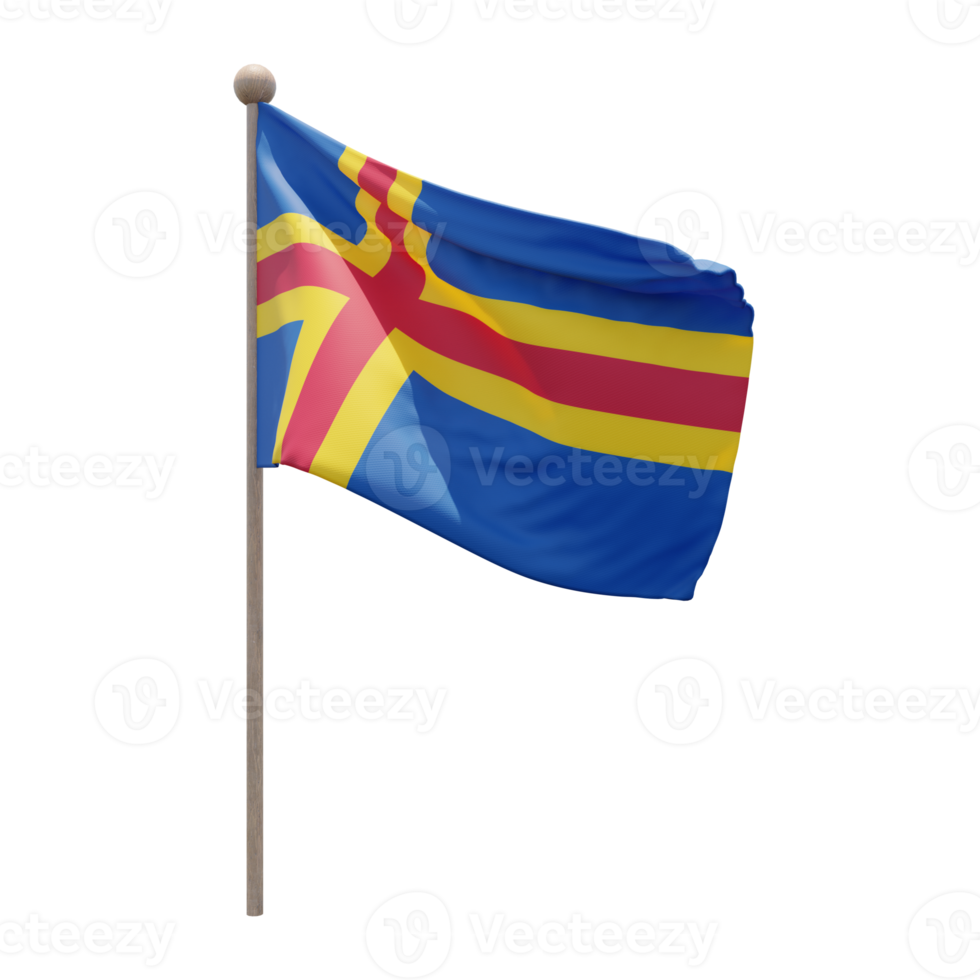 Aland 3d illustration flag on pole. Wood flagpole png