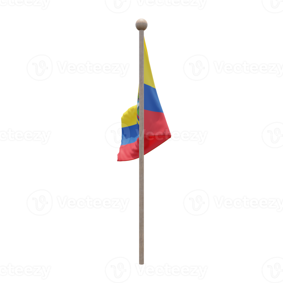 Ecuador 3d illustration flag on pole. Wood flagpole png